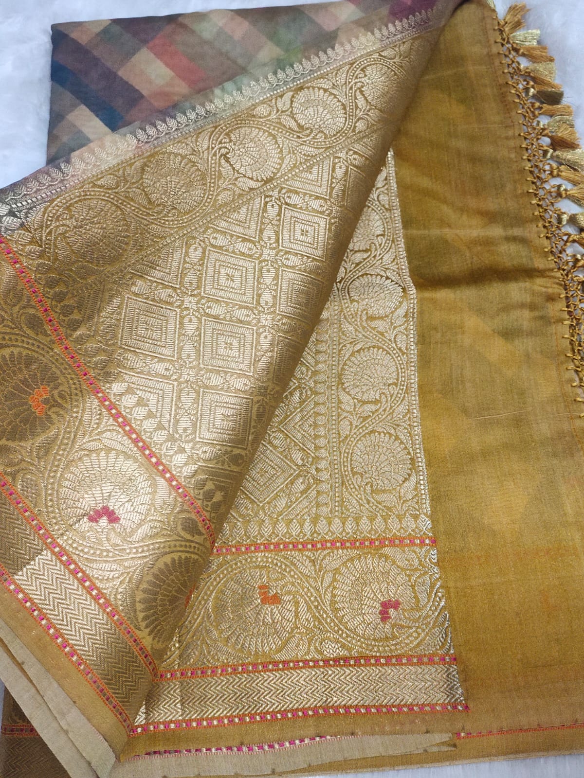 Mustard Yellow Digital Print Munga Silk Saree