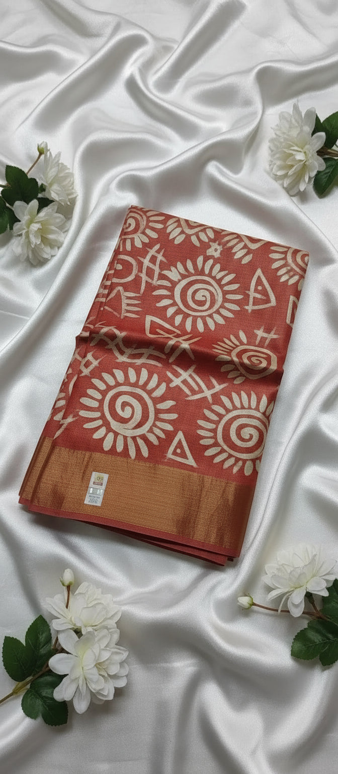 Batik Print Orange Pure Tussar Saree
