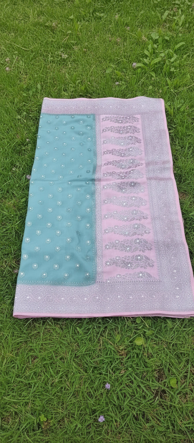 Semi Banarasi Pastel Grey and Pink Saree