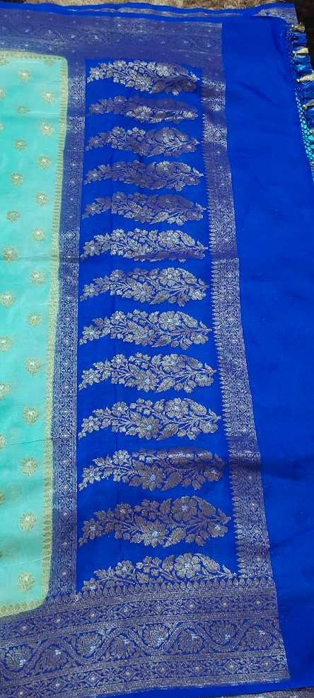 Semi Banarasi Turquoise Blue Saree
