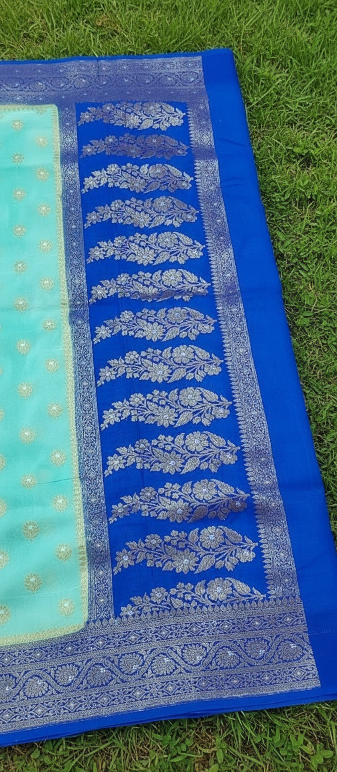 Semi Banarasi Turquoise Blue Saree