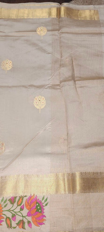 Half White/ Cream Pure Chiniya Silk Saree