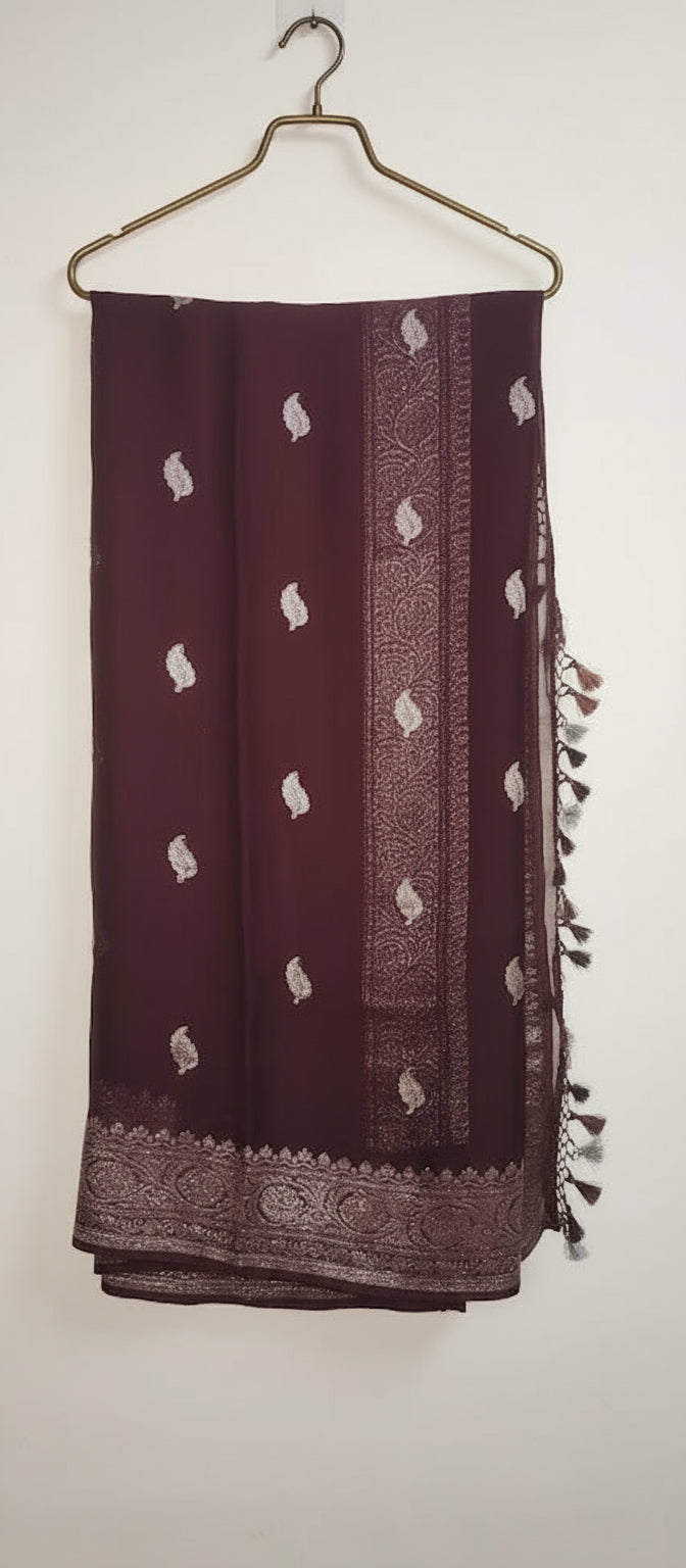 Snuff Brown/ Dark Brown Khaddi Chiffon Saree