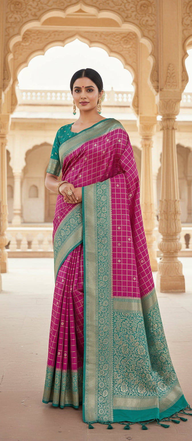 Magenta Pink Semi Banarasi Silk Saree