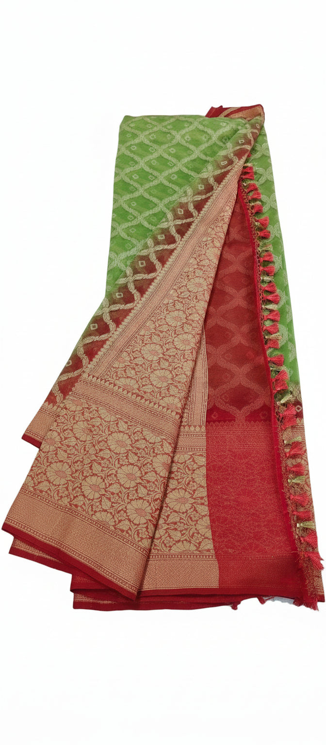 Parrot Green Semi Banarasi Saree