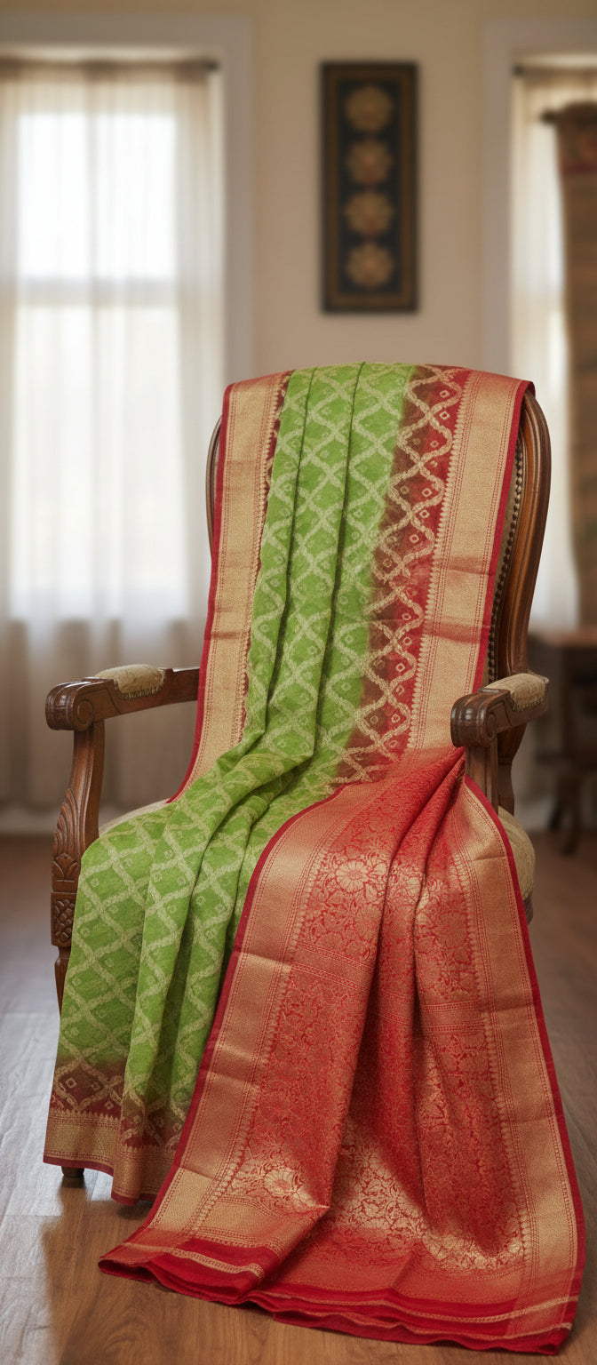 Parrot Green Semi Banarasi Saree