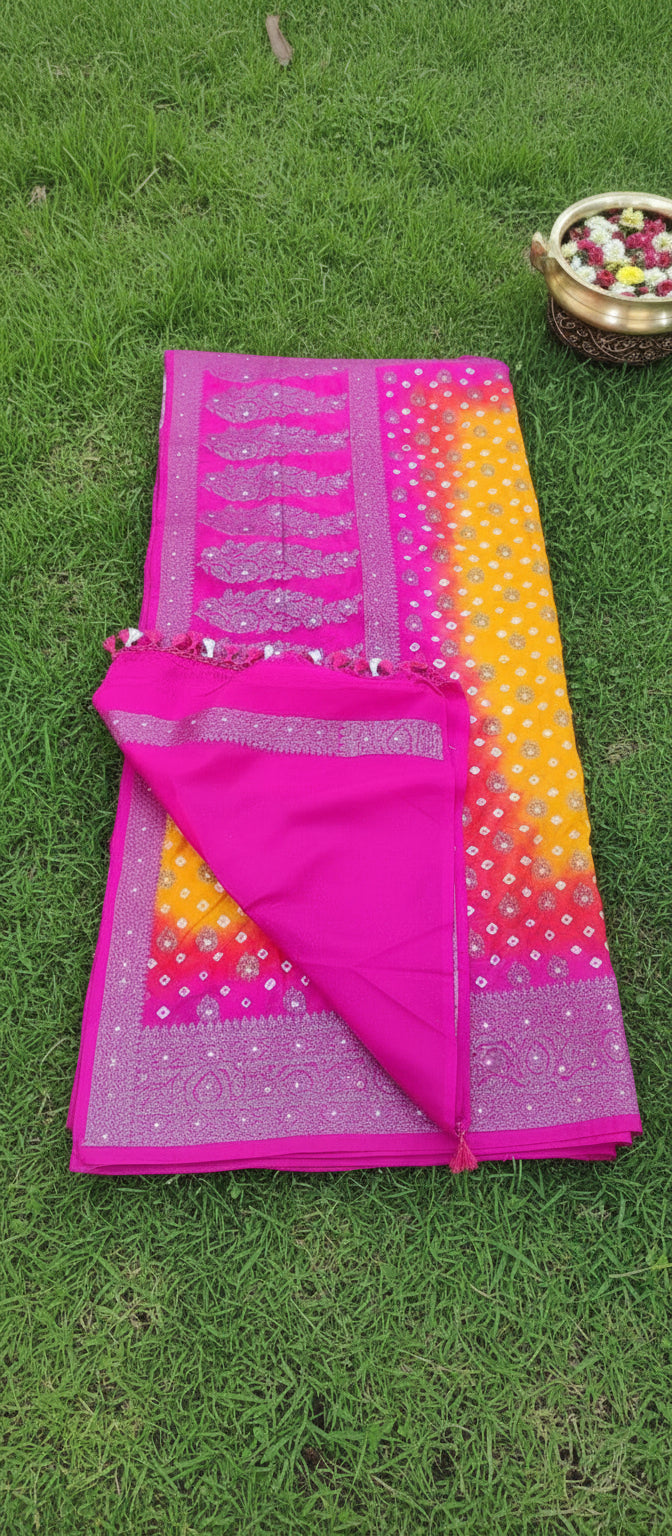 Mango Yellow Semi Banarasi Bandhini Saree