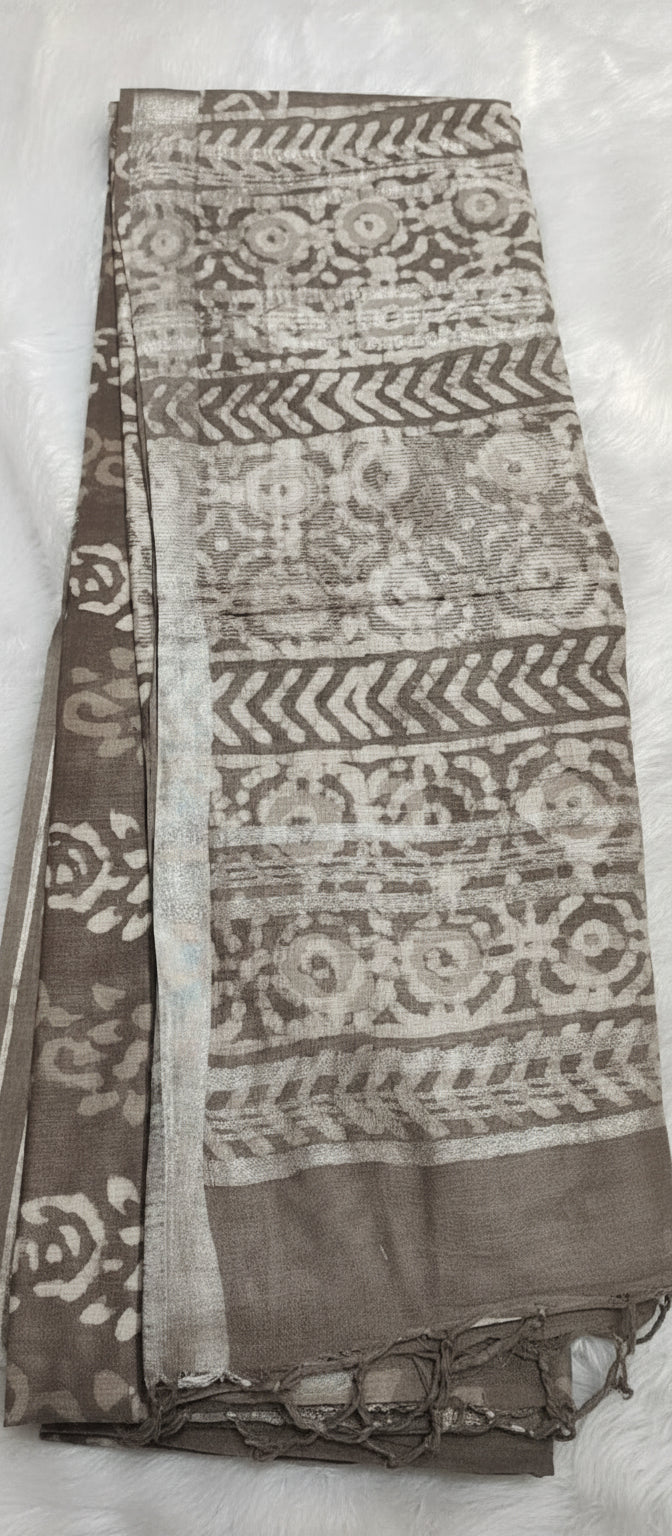 Block Print Brownish-Grey Linen Saree
