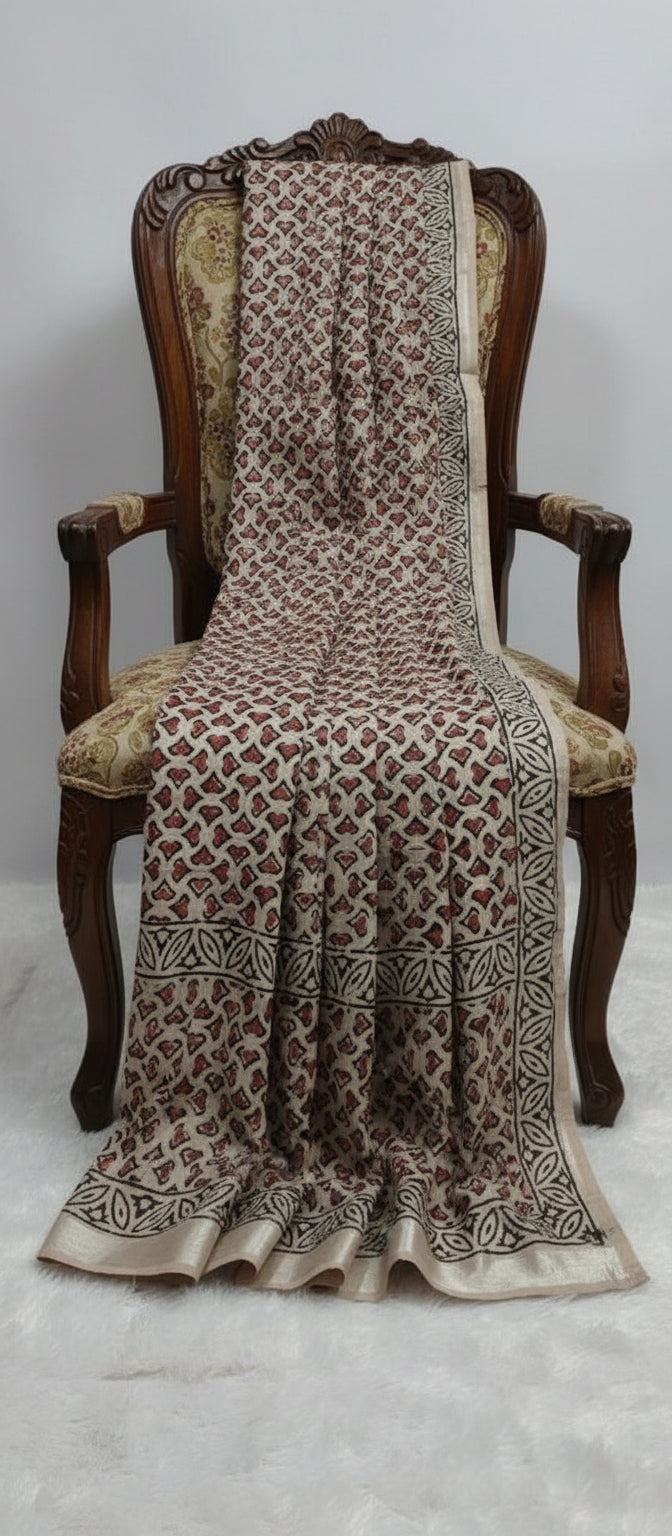 Block Print Beige Linen Saree