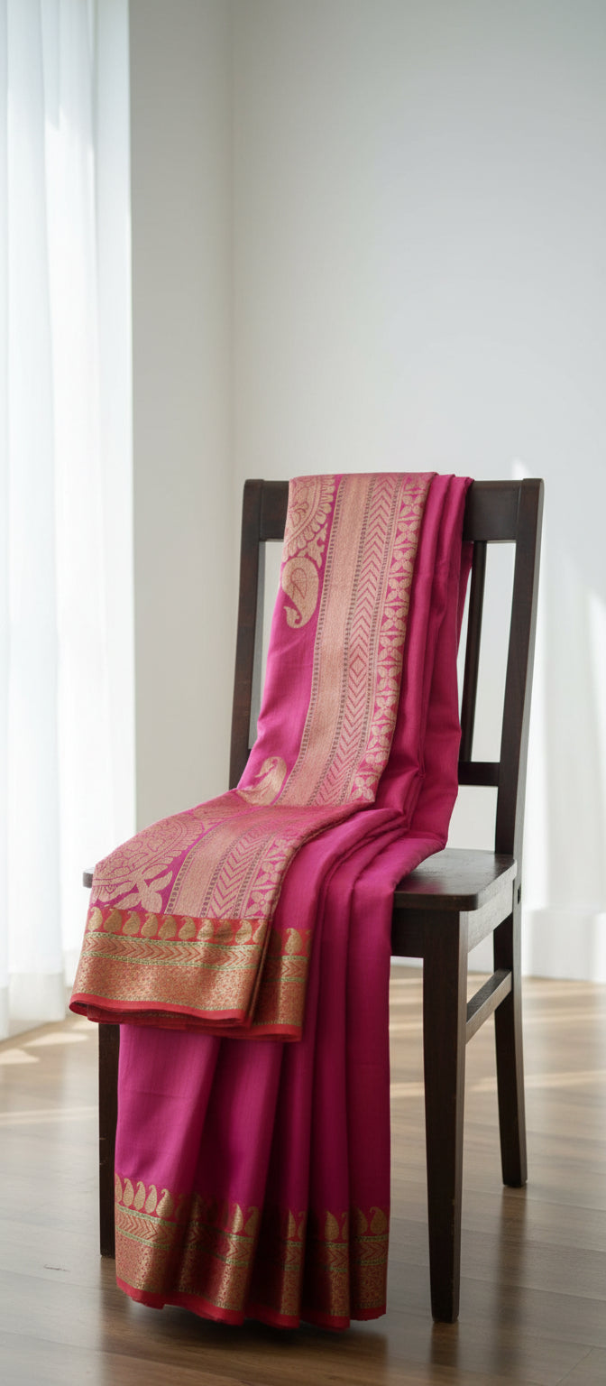 Magenta Pink Pure Raw Tussar Silk Saree