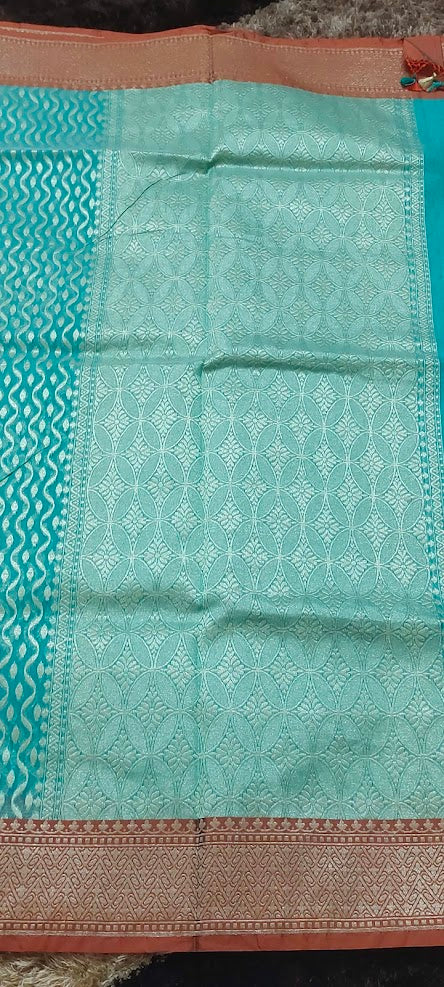 Semi Jamdani Turquoise Blue Saree