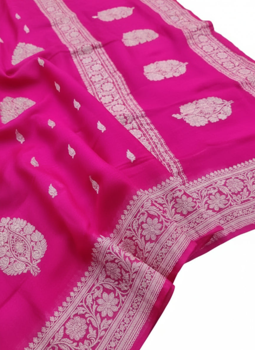 Handloom Rani Pink Banarasi Khaddi Chiffon