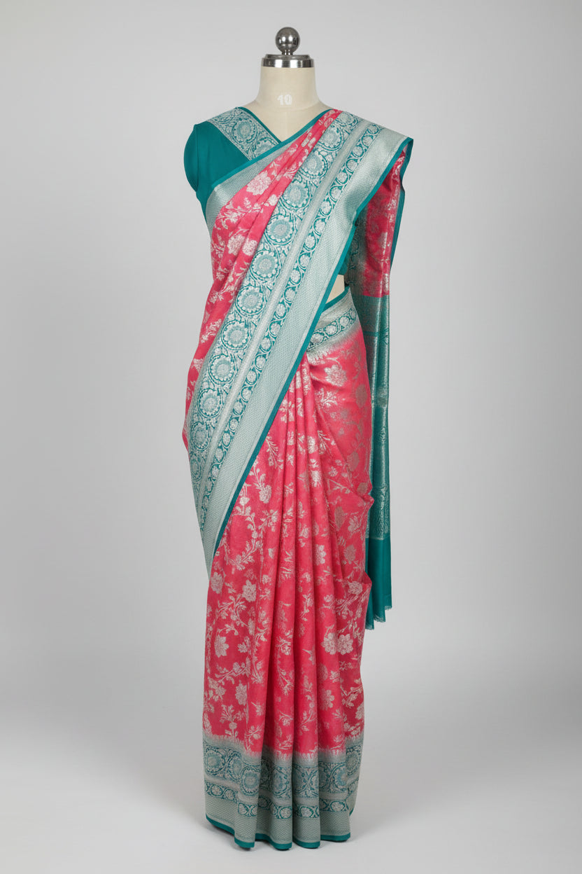 Strawberry Red Pure Banarasi Georgette Saree