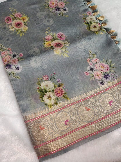 Grey Banarasi Munga Silk Saree