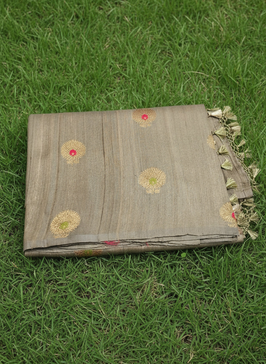 Borderless Ash Grey Tussar Saree