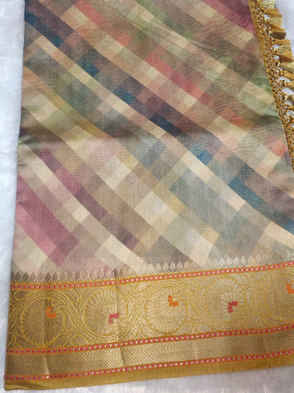 Mustard Yellow Digital Print Munga Silk Saree