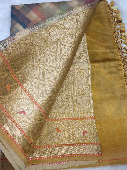 Mustard Yellow Digital Print Munga Silk Saree
