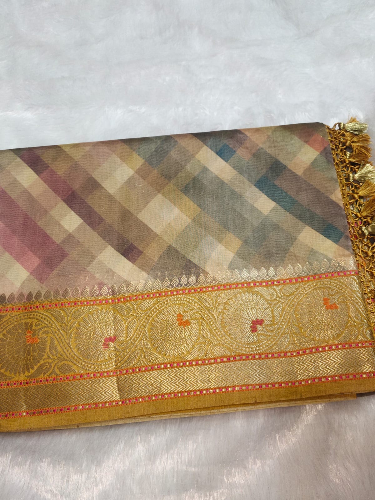 Mustard Yellow Digital Print Munga Silk Saree