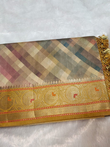 Mustard Yellow Digital Print Munga Silk Saree