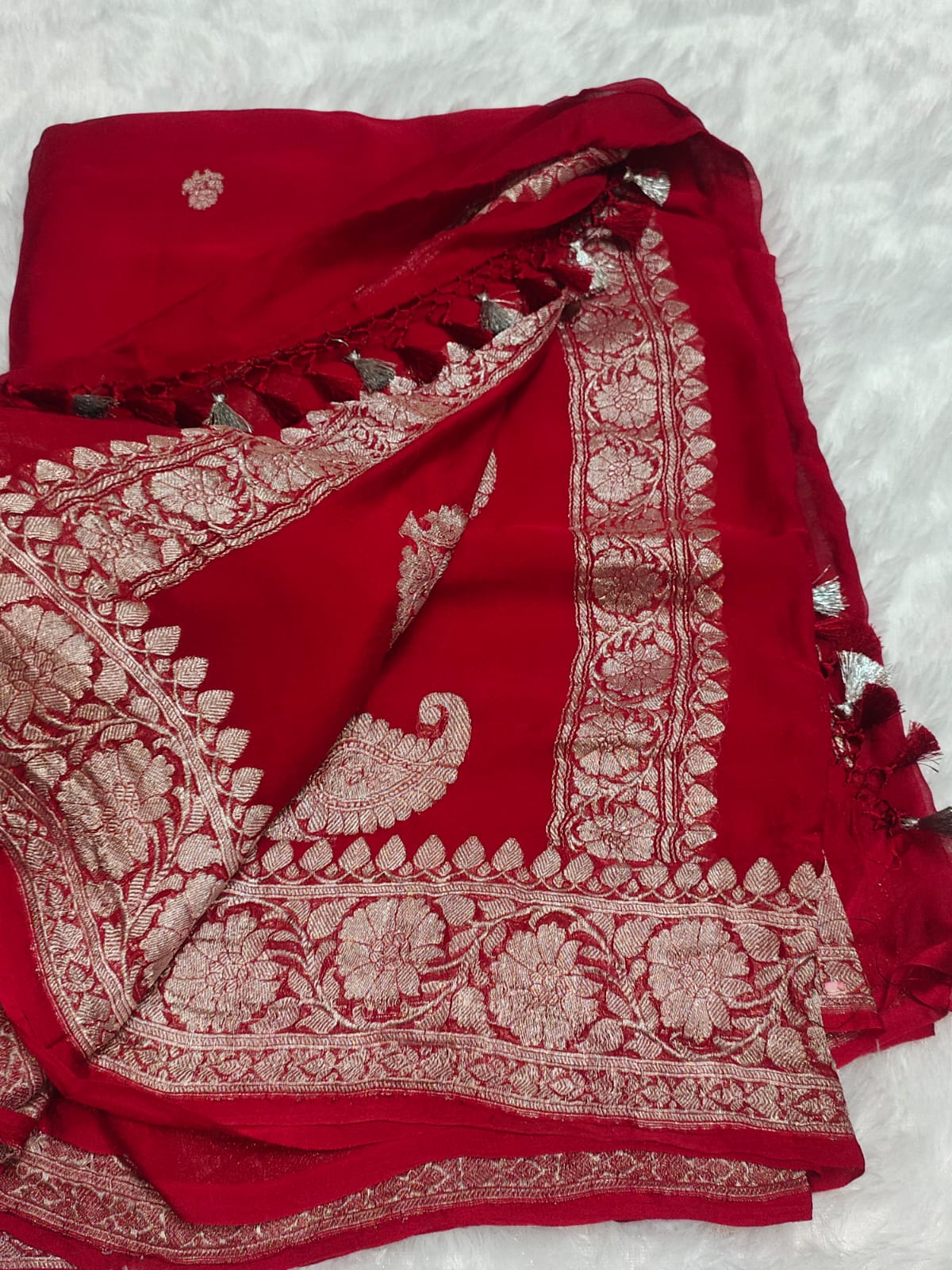 Handloom Red Banarasi Khaddi Chiffon