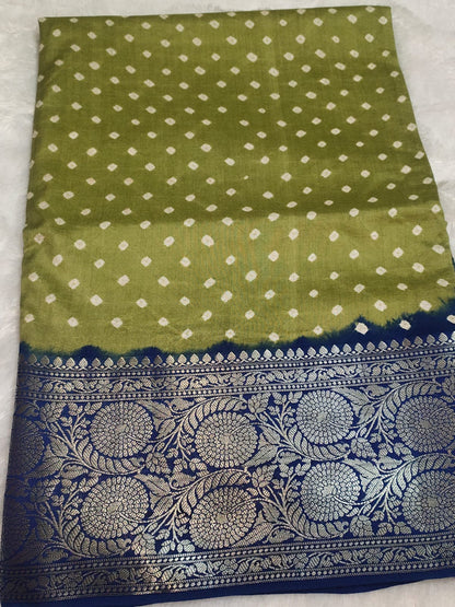 Green Pune Silk Kanchi Border Bandhini Saree