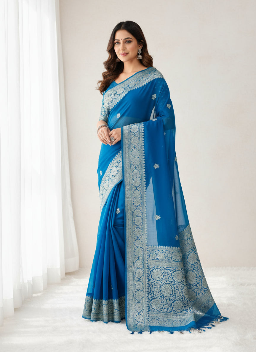 Handloom Dark Powder Blue Banarasi Khaddi Chiffon