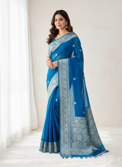 Handloom Dark Powder Blue Banarasi Khaddi Chiffon