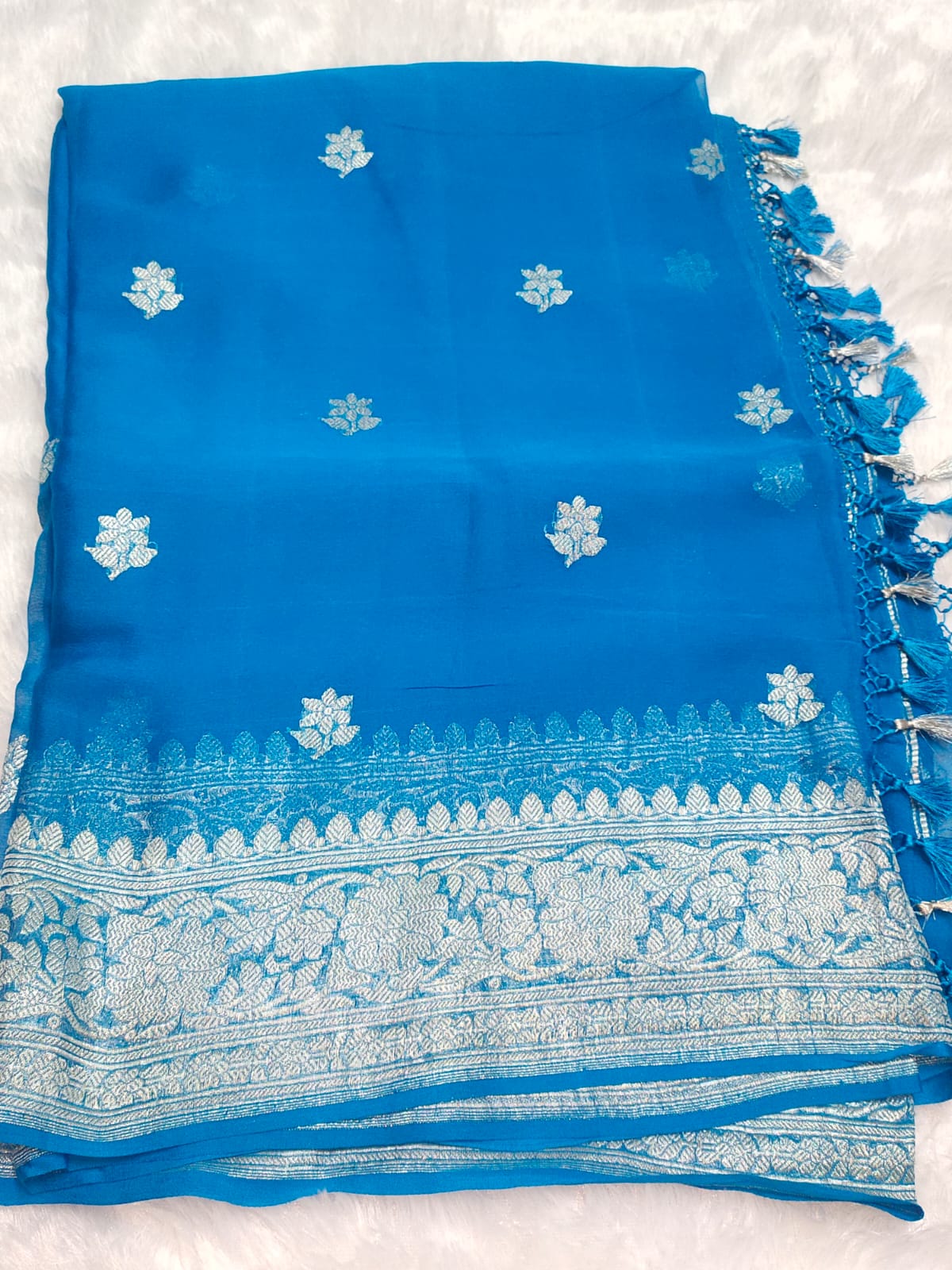 Handloom Dark Powder Blue Banarasi Khaddi Chiffon