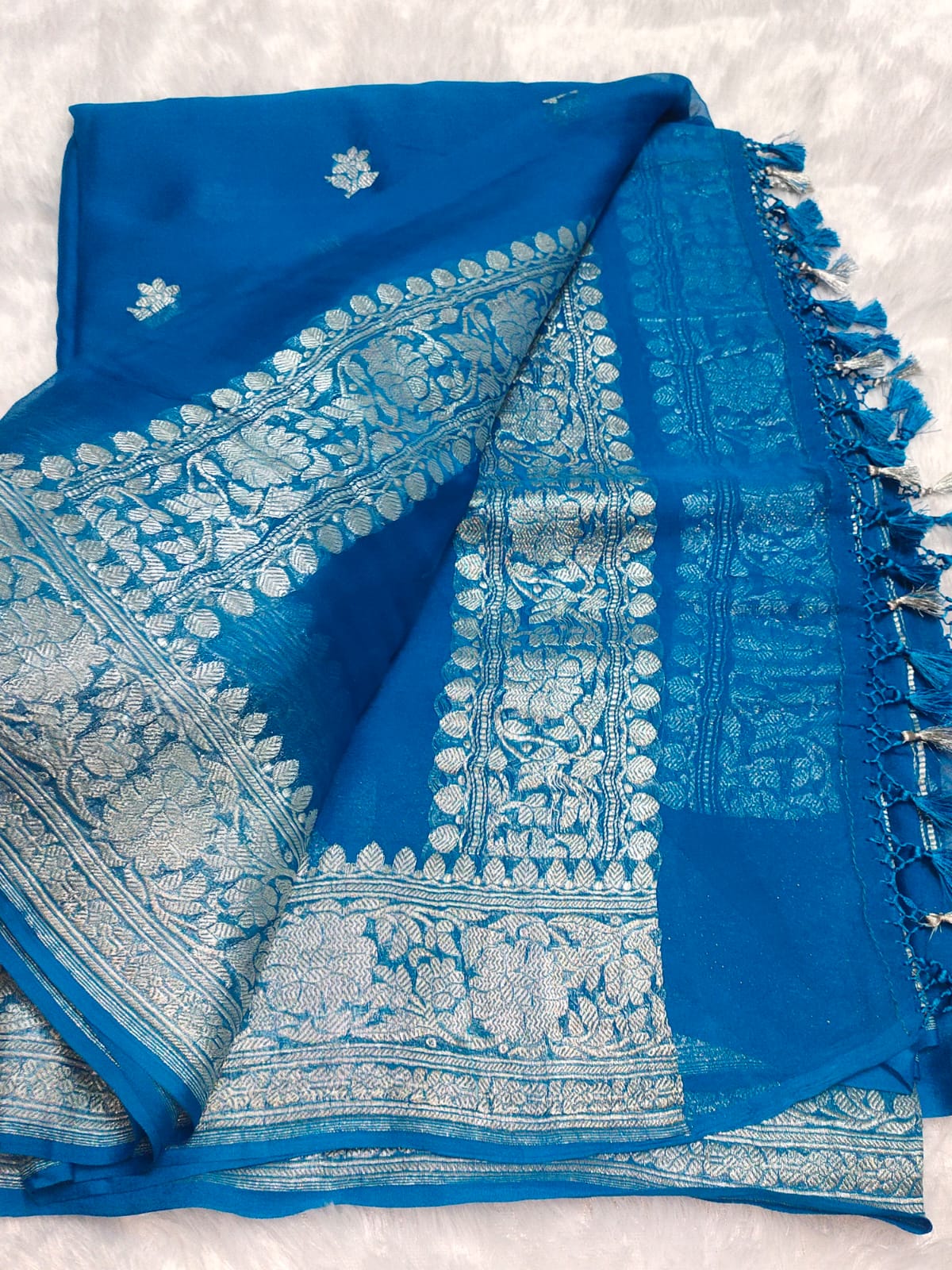 Handloom Dark Powder Blue Banarasi Khaddi Chiffon