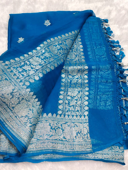 Handloom Dark Powder Blue Banarasi Khaddi Chiffon