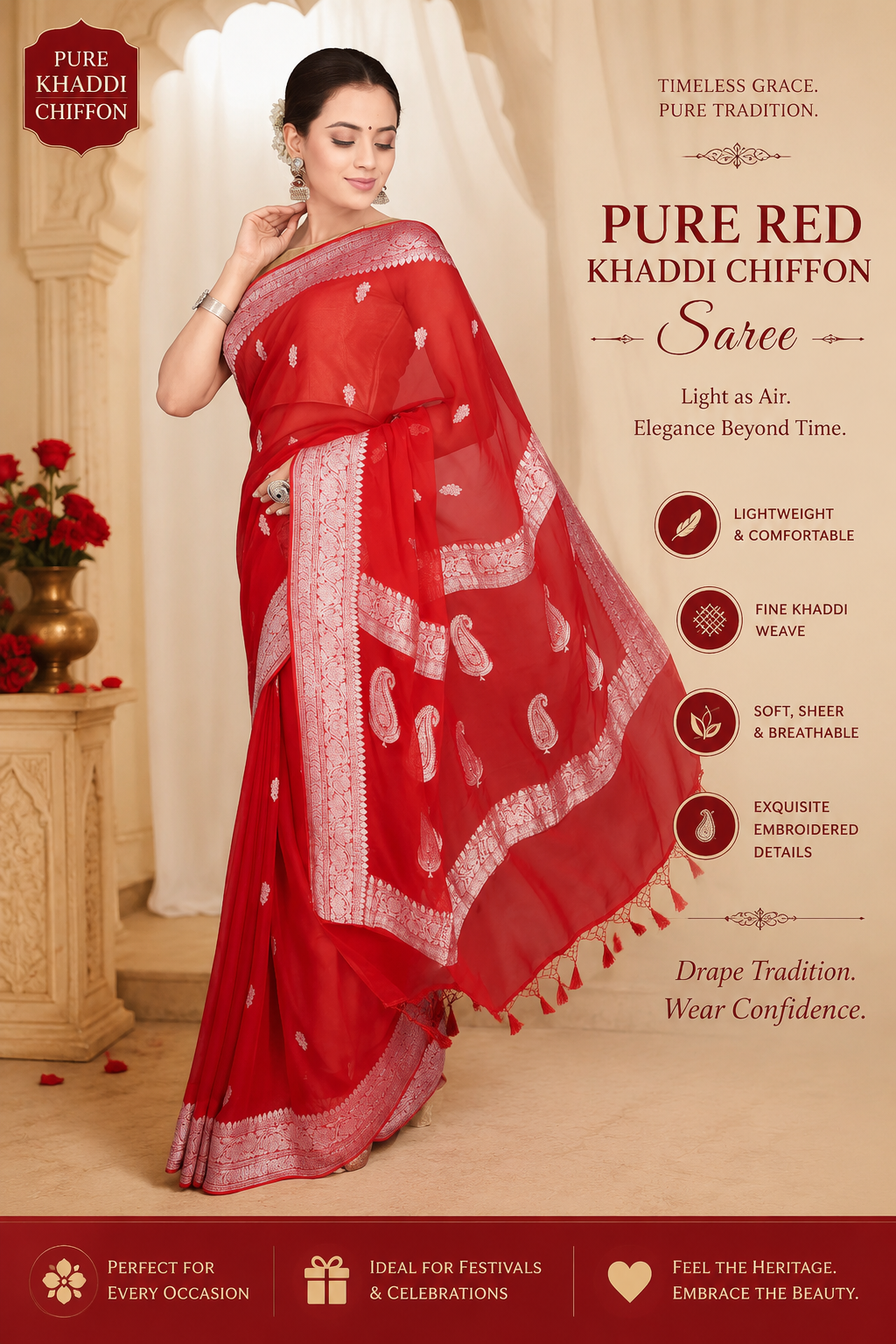Handloom Red Banarasi Khaddi Chiffon