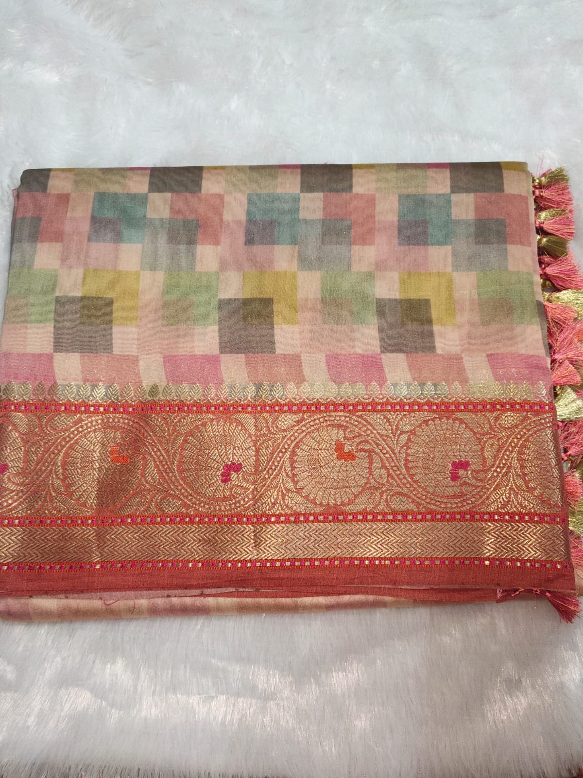 Rust Orange Digital Print Pure Munga Silk Saree