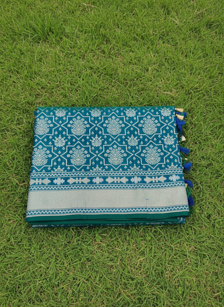 Peacock Blue Green Katan Silk Banarasi Saree