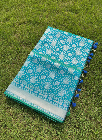 Peacock Blue Green Katan Silk Banarasi Saree