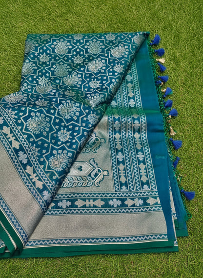 Peacock Blue Green Katan Silk Banarasi Saree