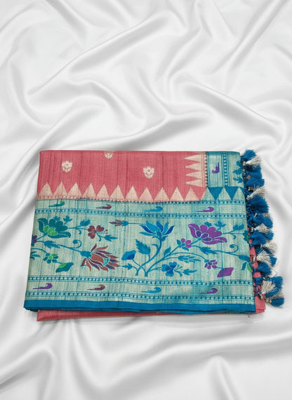 Coral Pink Pure Tussar Paithani Saree