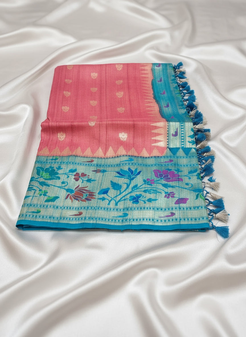 Coral Pink Pure Tussar Paithani Saree