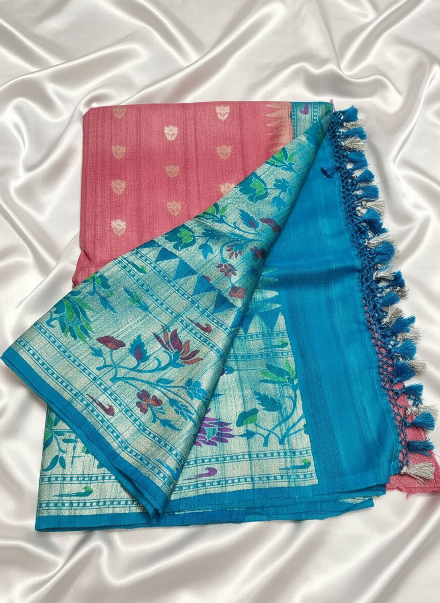 Coral Pink Pure Tussar Paithani Saree