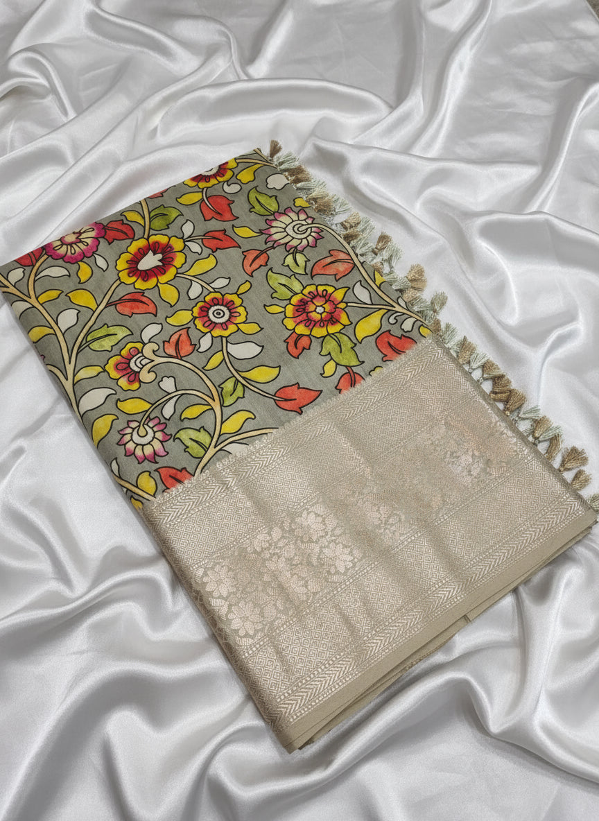 Pune Silk Digital Print Kalamkari Banarasi Saree