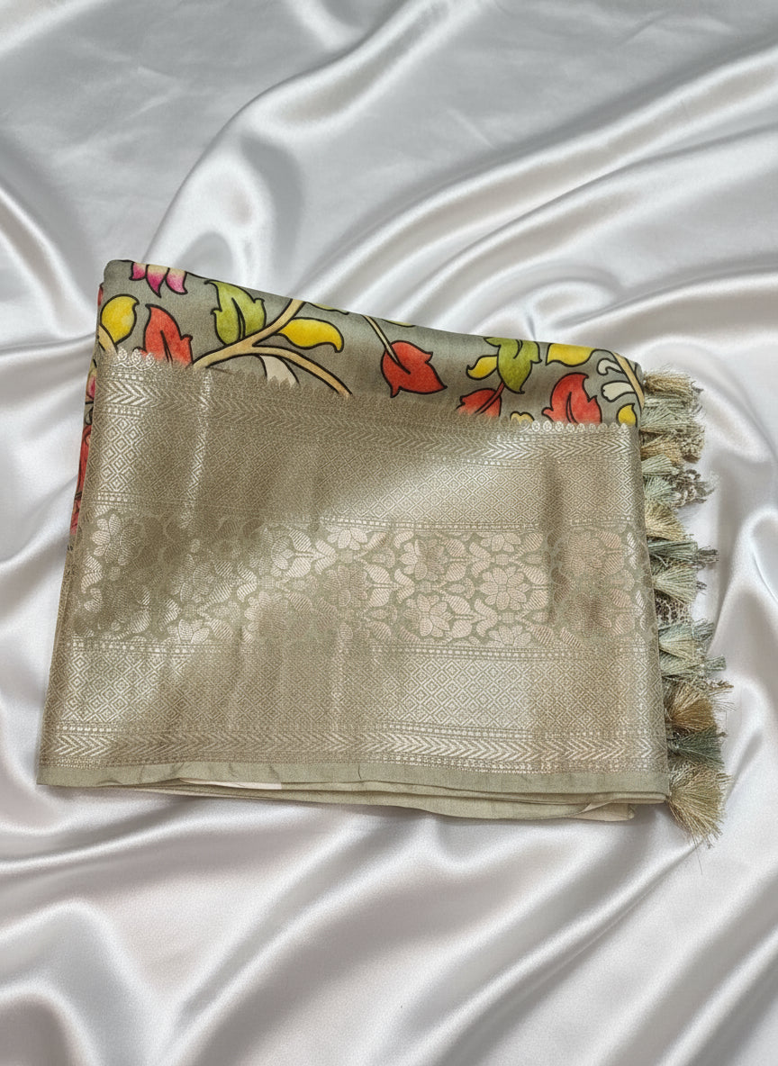 Pune Silk Digital Print Kalamkari Banarasi Saree