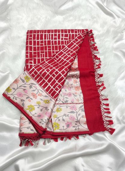 Red Pure Tussar Georgette Saree