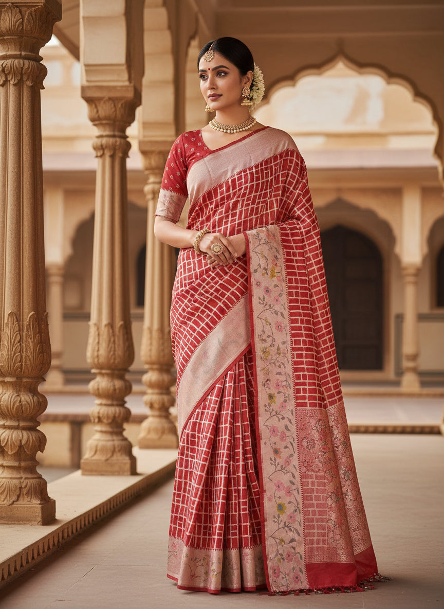 Red Pure Tussar Georgette Saree