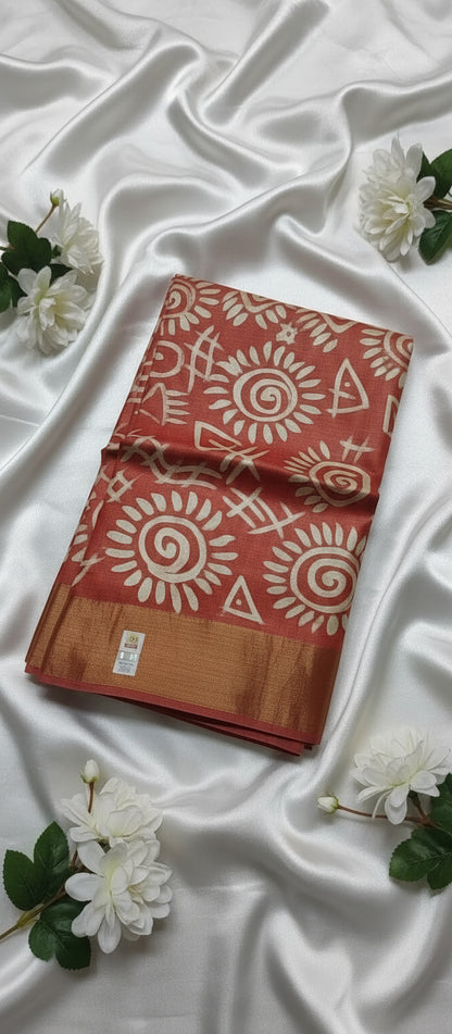Batik Print Orange Pure Tussar Saree