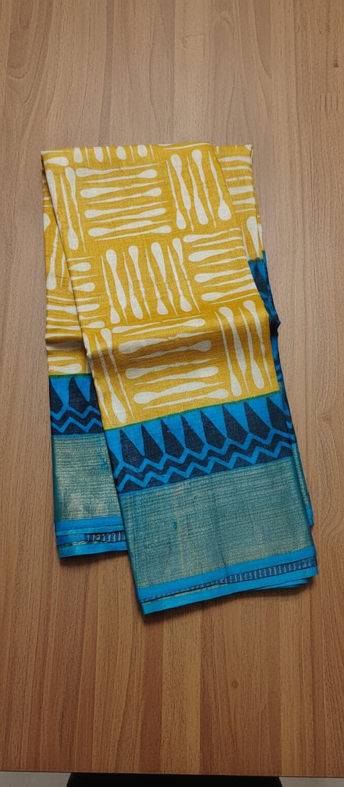yellow digital print tussar saree