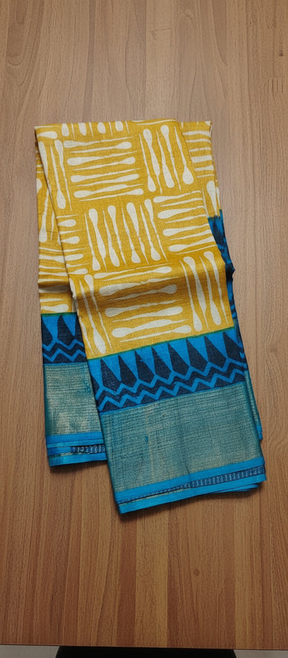 yellow digital print tussar saree