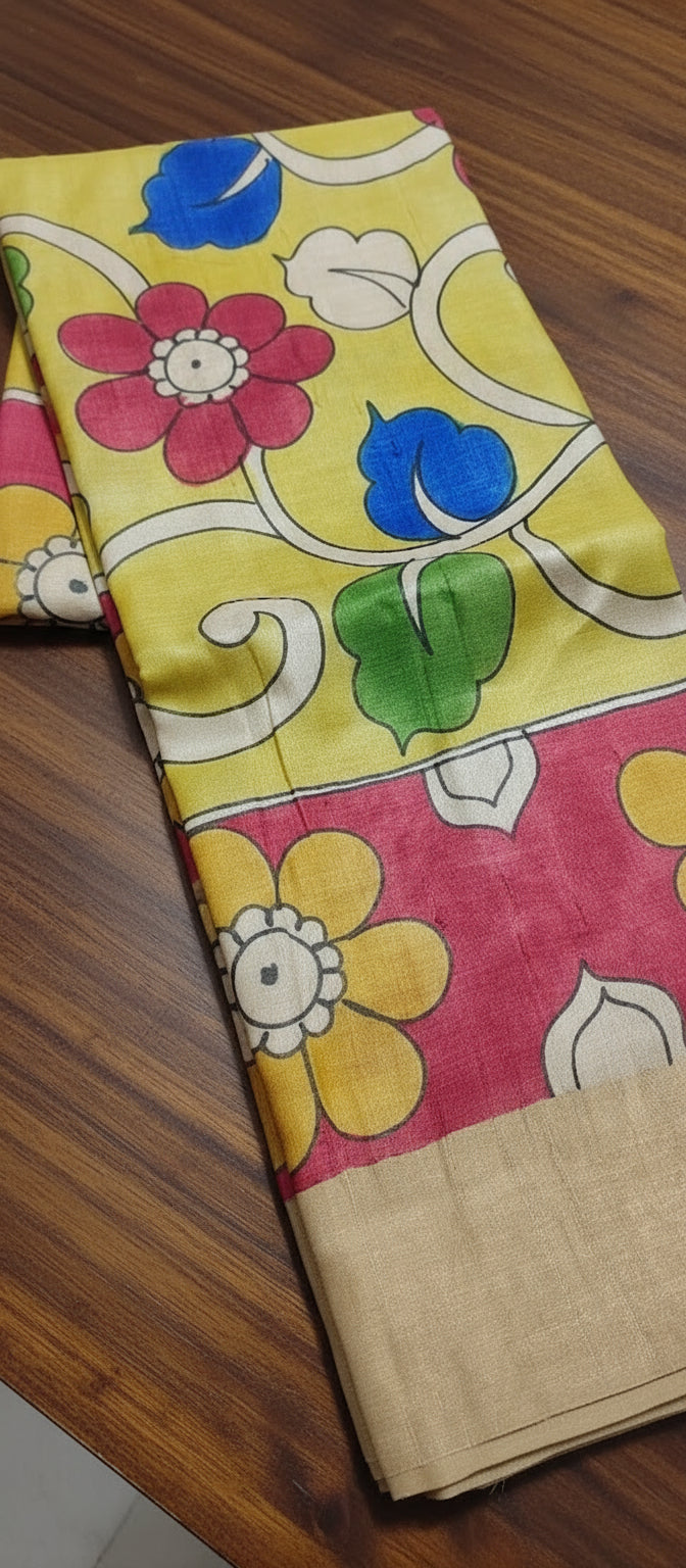 yellow pure tussar kalamkari saree 