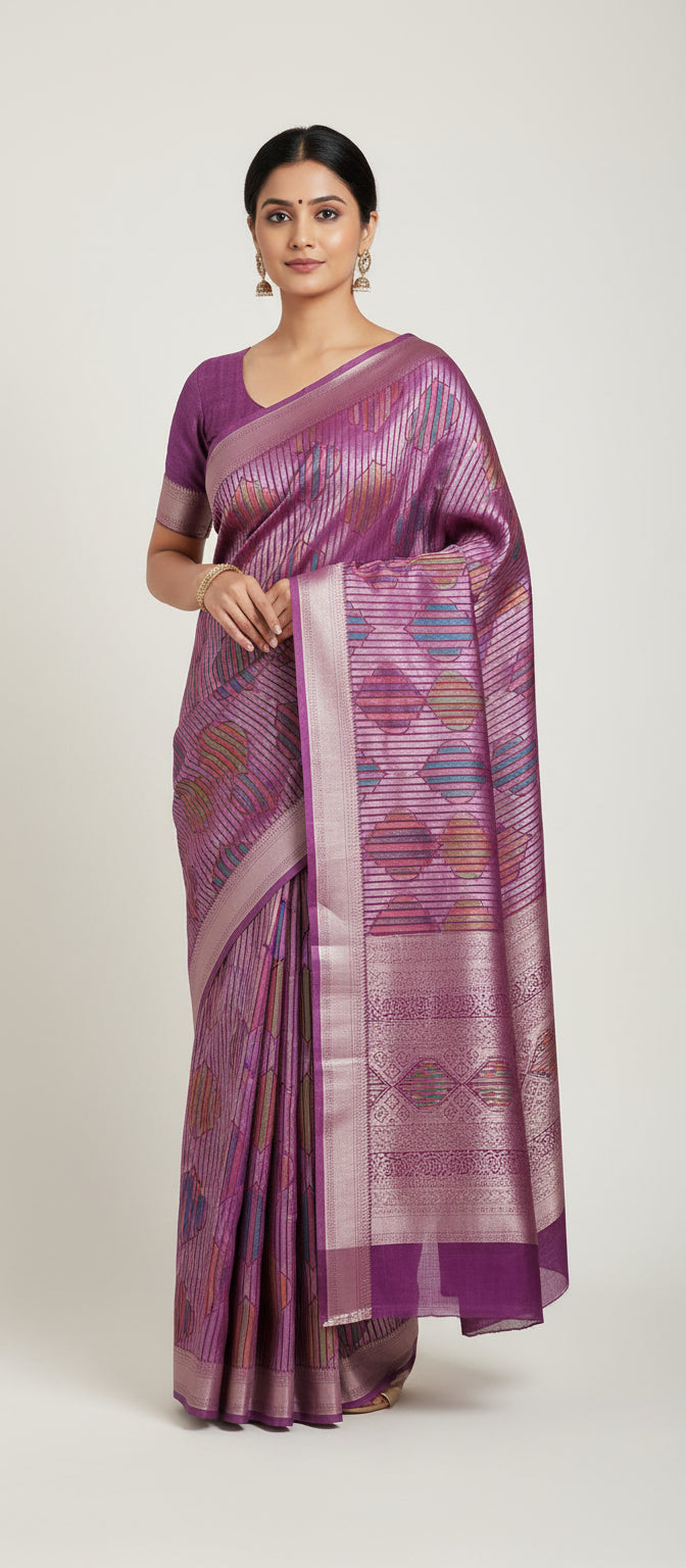 Wine Purple Semi Banarasi Saree
