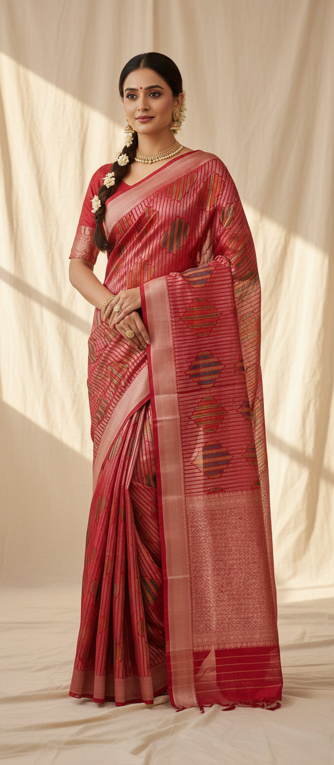 Red Semi Banarasi Saree
