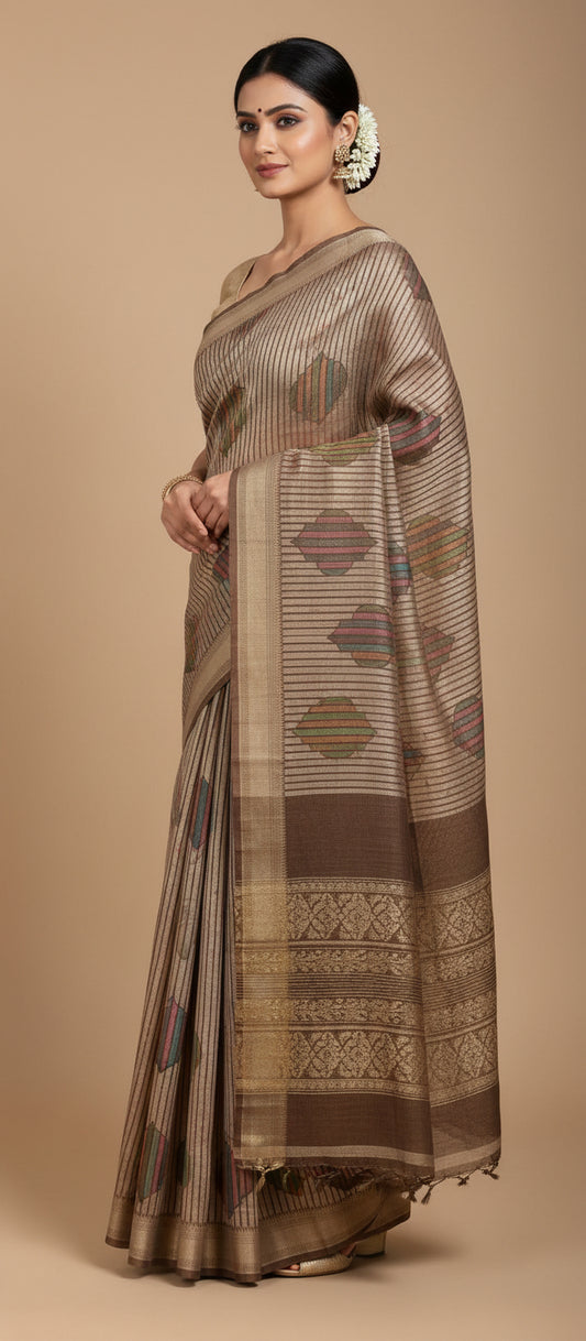 Dark Snuff Brown Semi Banarasi Saree