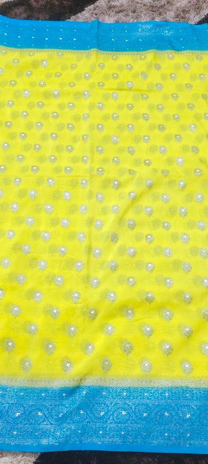 Semi Banarasi Lemon Yellow Saree